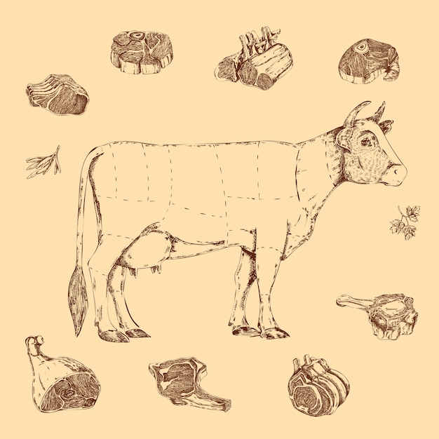 Kostenloser Vektor fleisch handgezeichnetes schema des schlachtens von rindfleisch mit kuh- und kräuterbeschriftungen auf beige