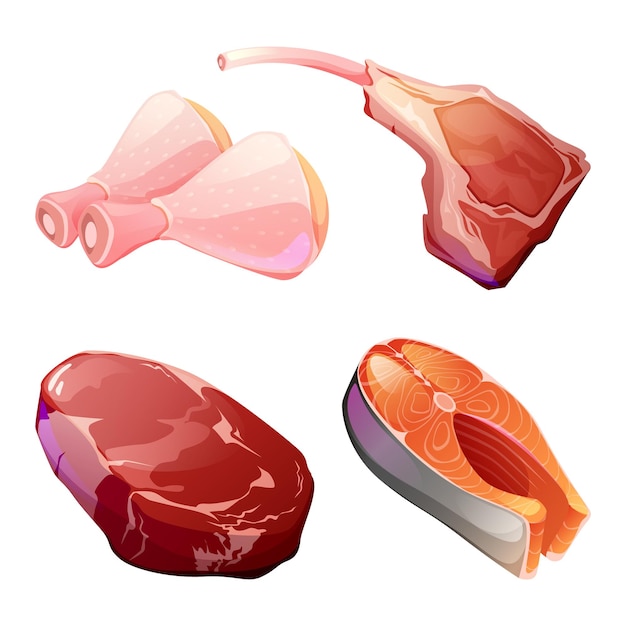 Kostenloser Vektor fleisch- und fischschnitte auf weißem hintergrund
