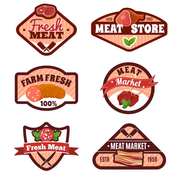 Kostenloser Vektor fleischmarkt embleme set