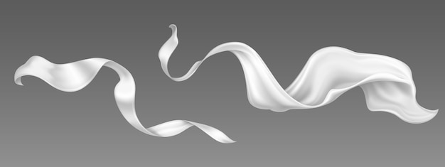 Fliegendes weißes seidenband und satinstoff. realistischer satz wogender samtkleidung, schal oder umhang bei wehendem wind. luxus weiße textilvorhänge, fließendes gewebe lokalisiert auf grauem hintergrund