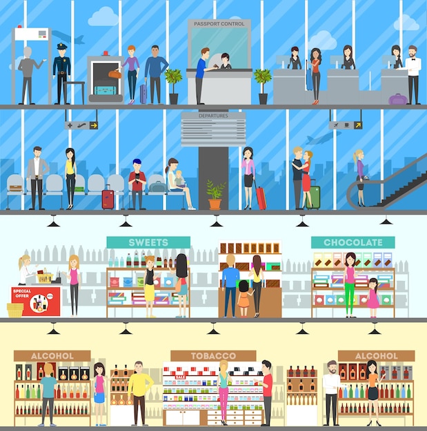 Flughafen-duty-free-set mit illustrationen zum flughafenshop und gepäckschein