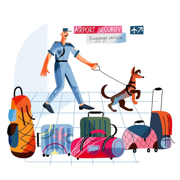 Flughafensicherheitskontrolle des gepäcks männlicher polizist, der bei der ankunft reisegepäckkontrolle mit hund durchführt flugzeugwächterinspektionstaschen und koffer auf dem boden