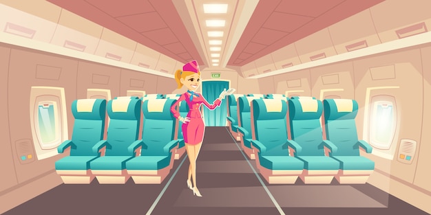 Fluglinienreise mit komfortkarikaturvektor. glücklicher lächelnder flugbegleiter, stewardess in elegantem un