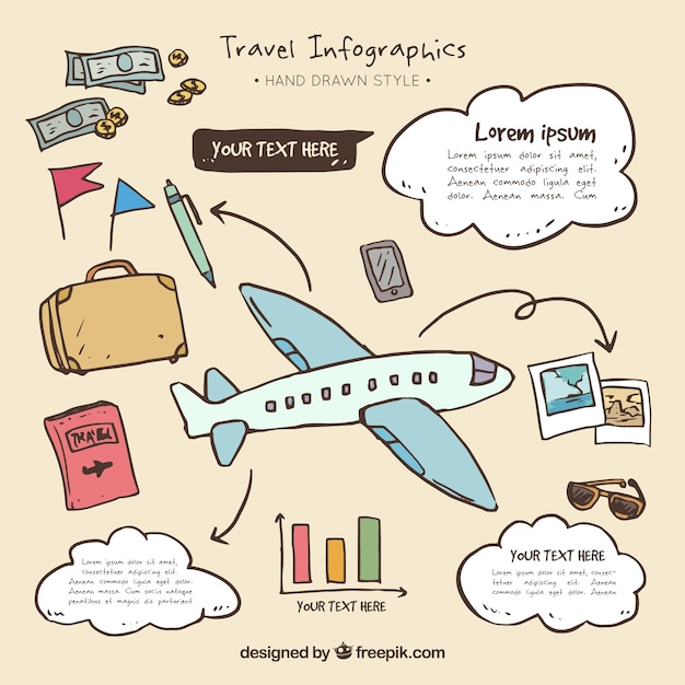 Kostenloser Vektor flugzeug infografiken mit der hand gezeichnet reise-elemente