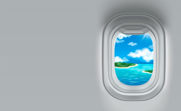 Kostenlose Vektor flugzeugfenster-innenansicht mit insel zum reisen