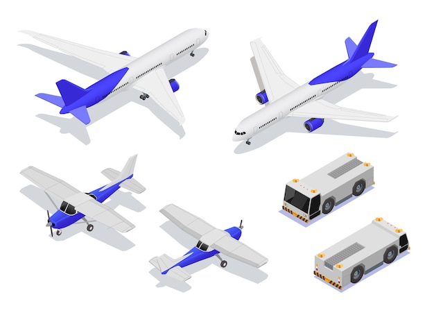 Flugzeugwartungsservice reparatur isometrischer satz mit isolierten bildern von flugzeugen und flughafen-lkw-vektorillustration