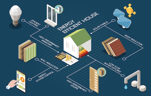 Flussdiagramm für energieeffizientes haus mit isometrischer vektorillustration intelligenter autonomer lebensprinzipien