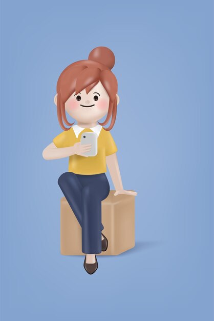 Frau der Zeichentrickfilm-Figur 3d, die sitzt und ein Smartphonecharakterillustrations-Vektordesign verwendet