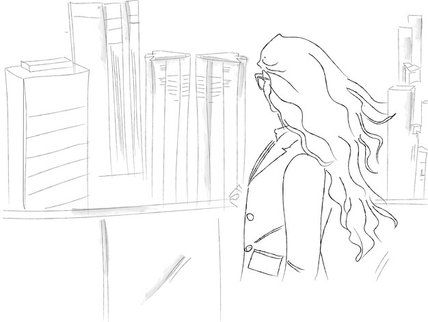 Frau, die die Skyline in einer großen Stadt betrachtet, Vektorgrafiken Storyboard auf dem Dach von Geschäftskonstruktionen
