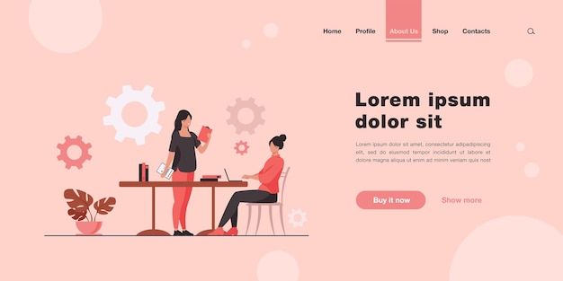 Frau, die mit ideen für projekt zu einer anderen frau kommt. landingpage im flachen stil