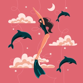 Frau freitaucher schwimmen um delfine sterne wolken traum himmel mond monoflosse neoprenanzug