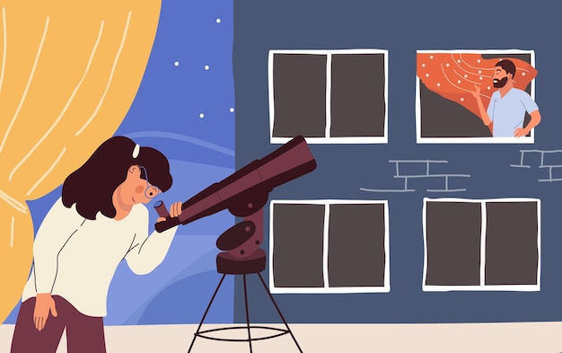Frau guckt nachbarn in teleskop-flachvektorillustration an