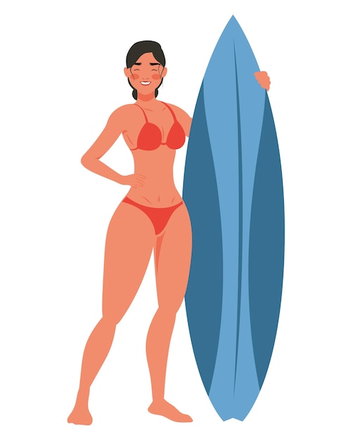 Frau mit blauem surfbrett