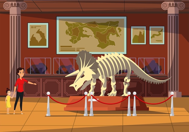 Frau mit kind im museum fröhliche mutter und tochter, die dinosaurierknochen betrachten