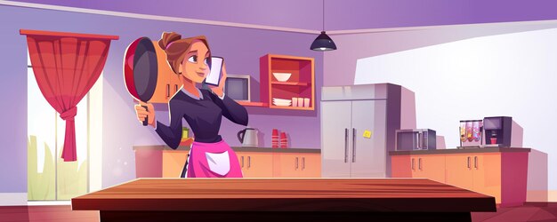 Frau mit Mobiltelefon in der Nähe der Küchenplatte Vektor Innenillustration Holztisch im modernen Zuhause mit Kochgeräten Junges sprechendes Mädchen mit Smartphone in Schürze Indoor Cartoon Bild