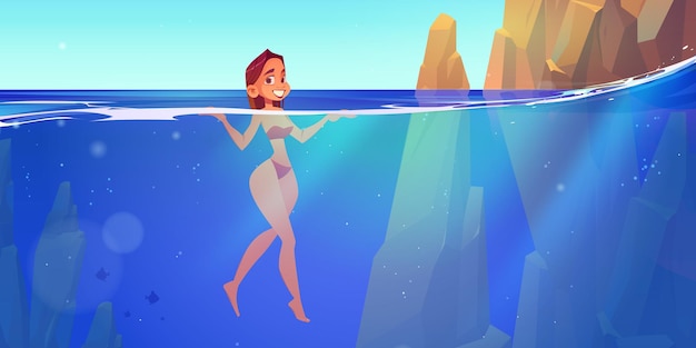 Kostenloser Vektor frau schwimmt im meer, junges sexy mädchen, das sich im ozean entspannt, am sonnigen tag im blauen klaren wasser mit felsen herumschwimmt. weibliche figur im bikini entspannen sich im tropischen resort, cartoon-vektor-illustration