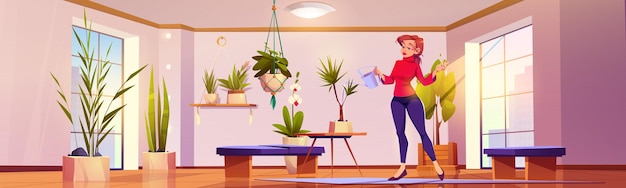 Frau wässert pflanzen zu hause mädchen kümmert sich um zimmerpflanzen in töpfen vektor-cartoon-illustration von raum- oder gewächshausinnenräumen mit blumen, orchideenbaum und person mit gießkanne
