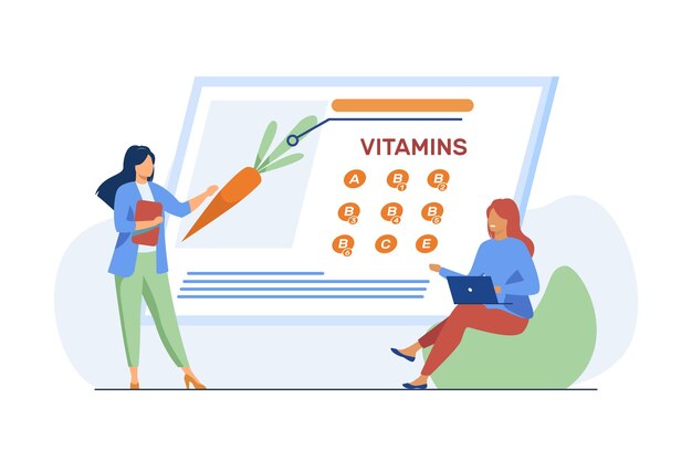 Frauen, die Vitamine in Bio-Lebensmitteln studieren. Ernährungswissenschaftler, der frisches Gemüse auf Bildschirmflachillustration präsentiert