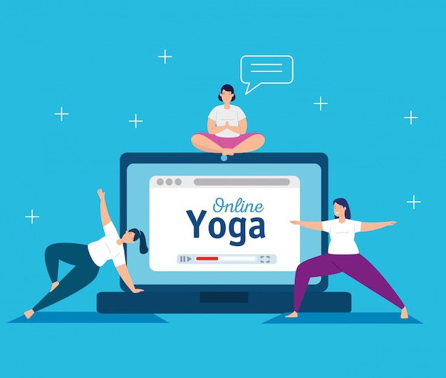 Frauen, die yoga online-technologie praktizieren