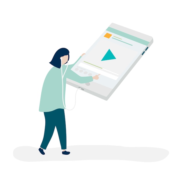Kostenloser Vektor frauencharakter, der musik auf einer digitalen tablette hört