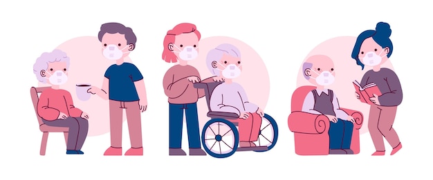 Kostenloser Vektor freiwillige helfen älteren menschen illustriert