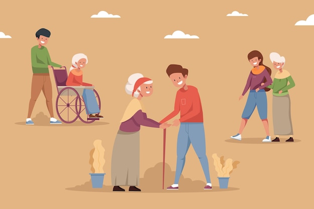 Kostenloser Vektor freiwillige helfen älteren menschen