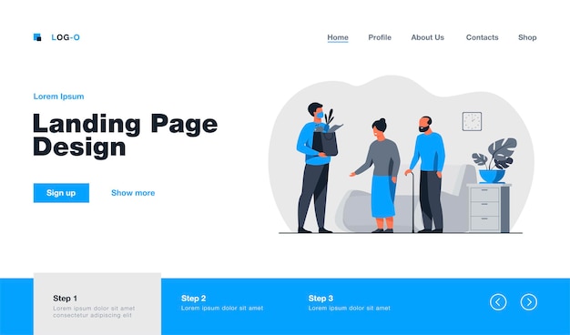 Kostenloser Vektor freiwillige lieferung von lebensmittelpaketen für ältere menschen landing page im flachen stil.