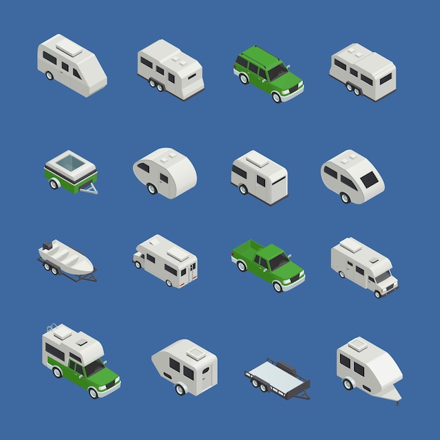 Kostenloser Vektor freizeitfahrzeuge isometrische icons set