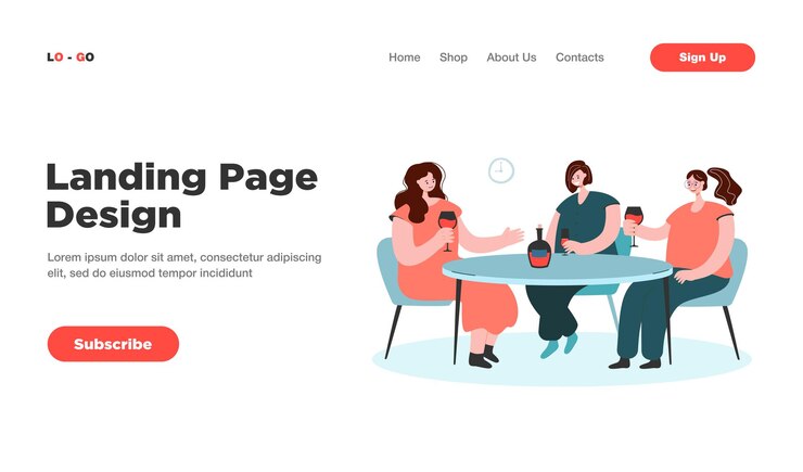 Kostenlose Vektor freundinnen sitzen am tisch im café und trinken wein landing page