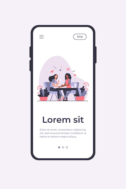 Freundinnen sprechen bei einer tasse tee. händchenhalten, komfort geben, flache vektorillustration des coffeeshops. kommunikations-, freundschaftskonzept für banner, website-design oder landing-webseite
