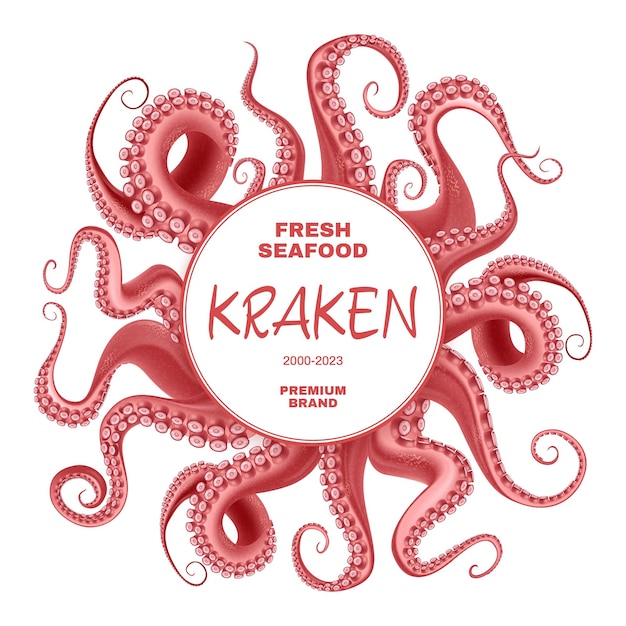 Kostenloser Vektor frische meeresfrüchte-anzeigen abstrakter runder rahmen bestehend aus realistischer vektorillustration der roten kraken-tentakel