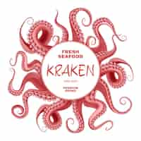 Kostenloser Vektor frische meeresfrüchte-anzeigen abstrakter runder rahmen bestehend aus realistischer vektorillustration der roten kraken-tentakel