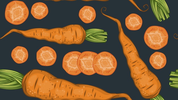 Frisches Bio-Gemüsemuster mit natürlicher Karotte und Scheiben auf Dunkelheit