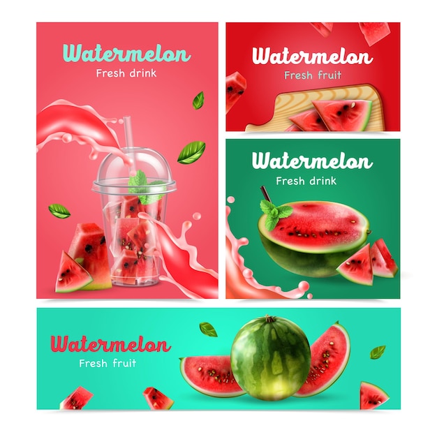Frisches obst und getränke von realistischen bannersets der wassermelone