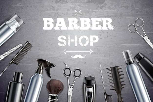 Friseursalon Haarstyling-Werkzeuge liefert Set realistische monochrome Draufsicht mit Rasierpinsel Vektor-Illustration