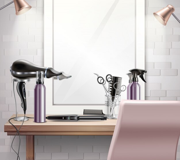Friseurwerkzeuge für Frisur und Haarschnittkomposition mit Spiegel realistisch