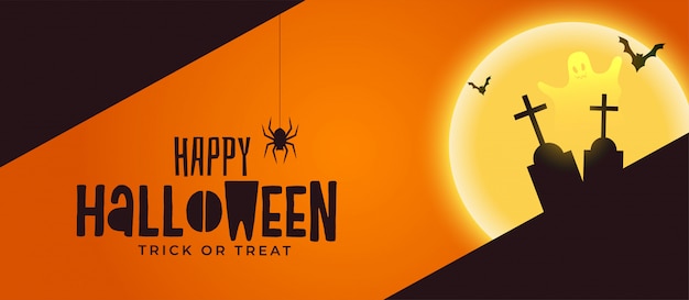 Kostenloser Vektor fröhliche halloween spooky banner mit grab und geist