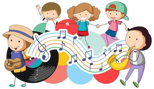 Fröhliche kinder und musiknoten regenbogen bunt mit vinyl-reco