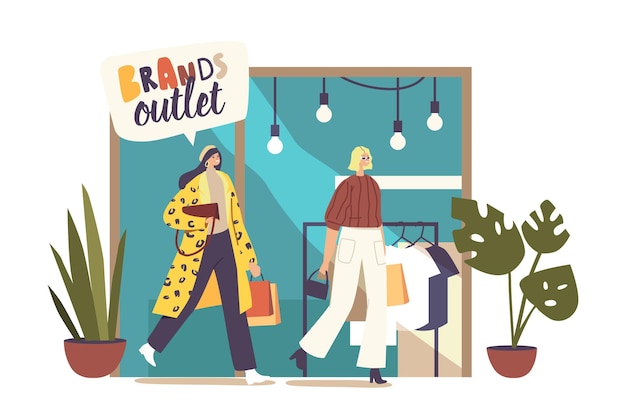 Kostenloser Vektor fröhliche shopaholic-mädchen kaufen kleidung im modemarken-outlet glückliche frauen mit einkaufspaketen