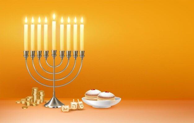 Fröhlicher chanukka-jüdischer Festfeiergruß mit Menora-Kerzenleuchter beleuchtet sechszackige David-Stern-Illustration