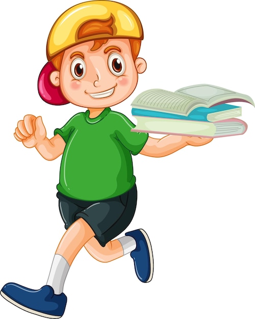 Fröhlicher junge cartoon-figur mit vielen büchern