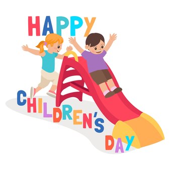 Fröhlicher kindertag mit illustration von kindern, die im park spielen