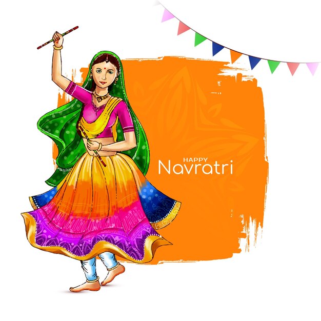Fröhlicher Navratri-Dandiya-Garba-Nachthintergrund mit tanzendem Damenvektor
