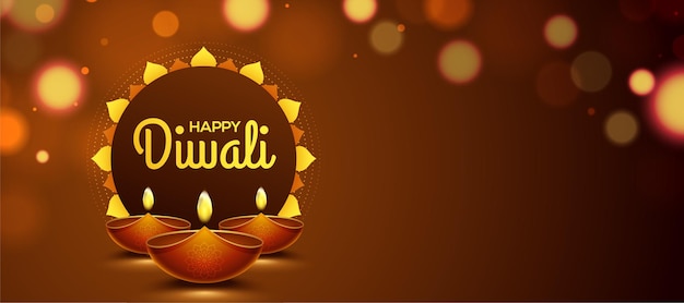 Fröhliches diwali-design mit diya-öllampenelementen auf braunem rangoli-hintergrund, bokeh-sparkling-effekt-banner-design