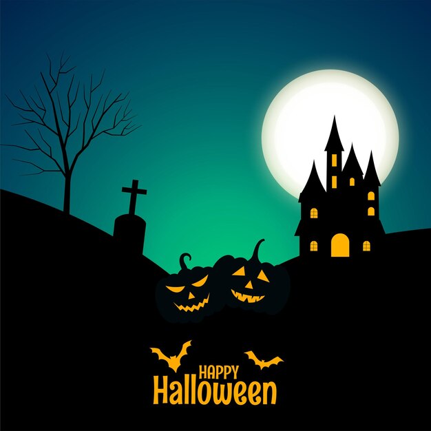 Fröhliches Halloween-Banner mit Schloss und Kürbissen