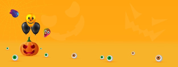 Fröhliches halloween. festlicher hintergrund mit realistischen orangefarbenen 3d-kürbissen mit gruseligem lächeln, heliumballons und geistern. festliches poster, flyer, broschüre und cover-vorlage. vektor-illustration