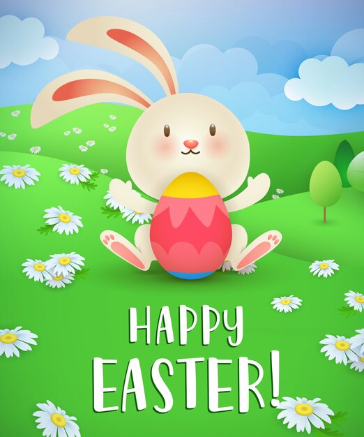 Frohe Ostern-Schriftzug, Hase, Ei und Rasen mit Gänseblümchen