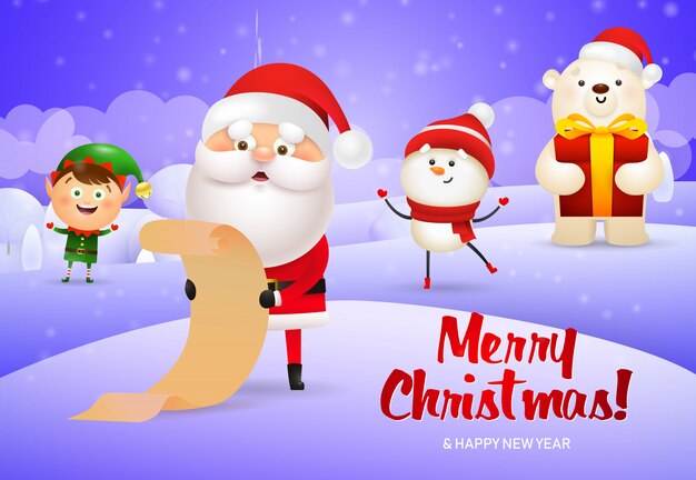 Frohe Weihnachten Design von Santa Claus mit Scroll, Elf, Schneemann