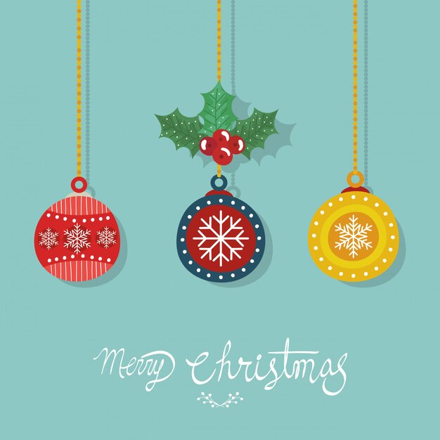 Frohe Weihnachten Flyer mit dekorativen Kugeln hängen