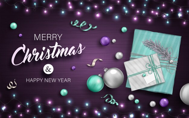 Frohe Weihnachten Hintergrund Mit Kugeln Geschenkboxen Girlanden Und Serpentin Premium Vektor